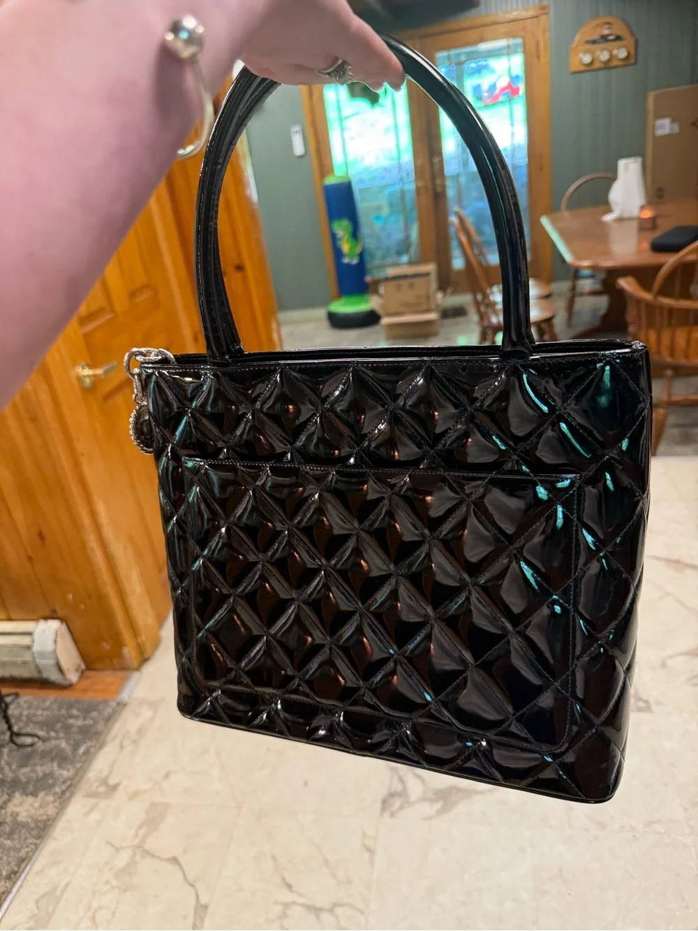 CHANEL Black Quilted Patent Shoulder Tote with Logo Charm